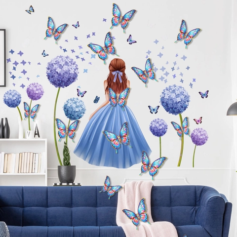 Wandtattoo PVC Wasserdicht Abnehmbar Deko Wandbild Für Wohnzimmer Schlafzimmer Romantisches Mädchen Porträt Mit 3D Schmetterlingen