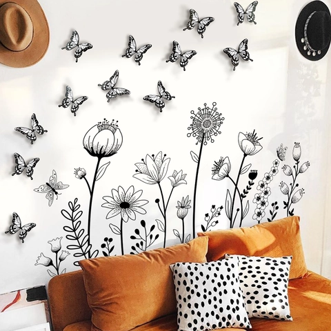 Moderne PVC Löwenzahn Blume Wandtattoo Mit Dreidimensionalen Schwarzen Schmetterling Wandaufklebern Für Wohnzimmer Schlafzimmer Dekor