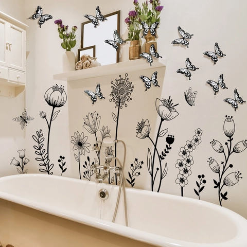 Moderne PVC Löwenzahn Blume Wandtattoo Mit Dreidimensionalen Schwarzen Schmetterling Wandaufklebern Für Wohnzimmer Schlafzimmer Dekor