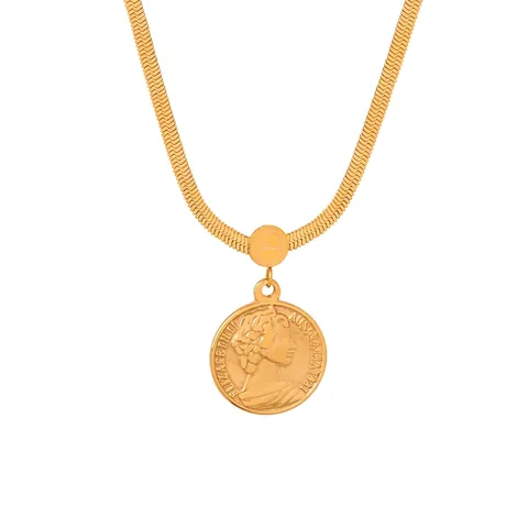 Collana Ciondolo Moneta Ritratto Vintage Placcata Oro 18K Acciaio Titanio Catena Serpente Gioielli Donna