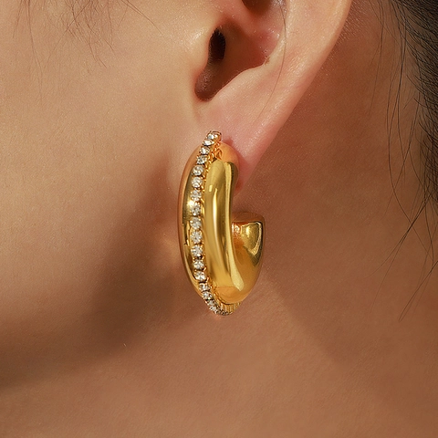 Pendientes De Aro En C Gruesos Retro Acero De Titanio Chapados En Oro Pavé De Circonita Joyería Minimalista Para Mujer