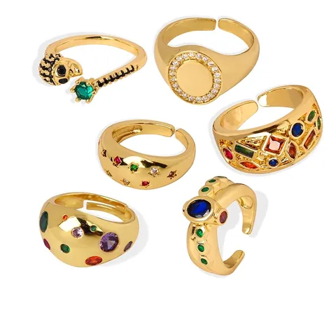 Offener Ring Kupfer Vergoldet Bunter Zirkonia Verstellbar Hip Hop Punk Vintage Geometrisches Band Für Damen