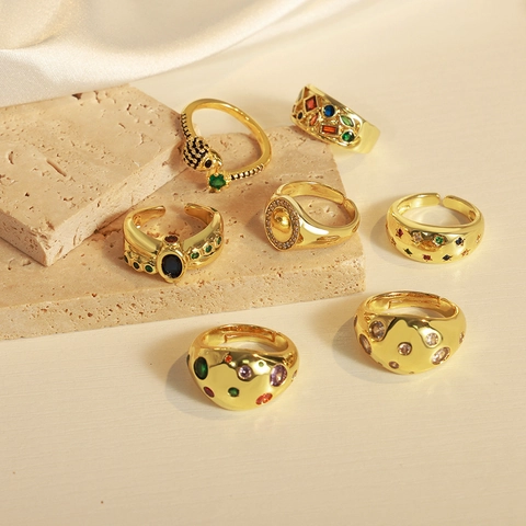 Offener Ring Kupfer Vergoldet Bunter Zirkonia Verstellbar Hip Hop Punk Vintage Geometrisches Band Für Damen