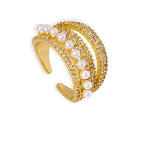 Copper Multi Layer Open Ring With Cubic Zirconia And Imitation Artificial Pearl Adjustable Elegant Fashion Jewelry For Women