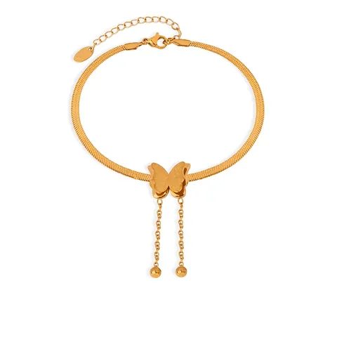 Butterfly Pendant Anklet Titanium Steel 18K Gold Plated Snake Chain Tassel Beads Adjustable For Women