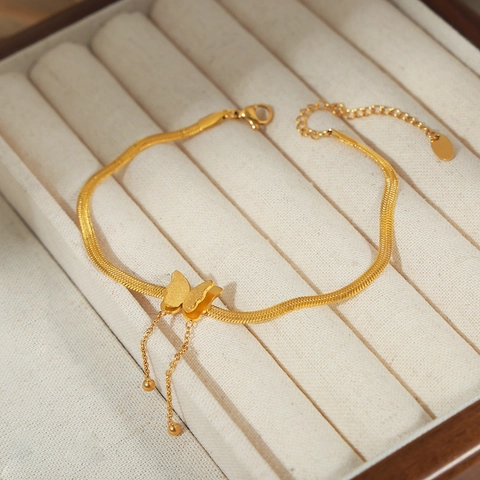 Butterfly Pendant Anklet Titanium Steel 18K Gold Plated Snake Chain Tassel Beads Adjustable For Women