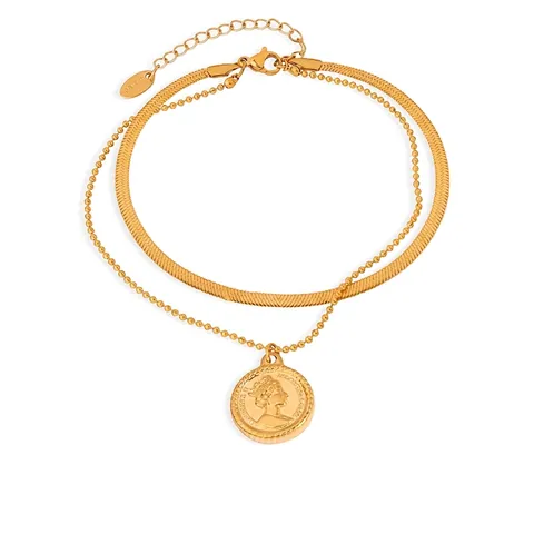 Doppellagiges Fußkettchen 18K Vergoldeter Titanstahl Münzanhänger Porträt Retro Elegant Verstellbarer Schmuck Für Damen