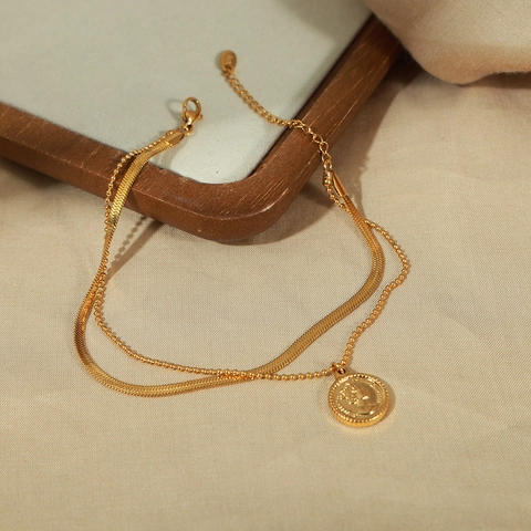 Doppellagiges Fußkettchen 18K Vergoldeter Titanstahl Münzanhänger Porträt Retro Elegant Verstellbarer Schmuck Für Damen