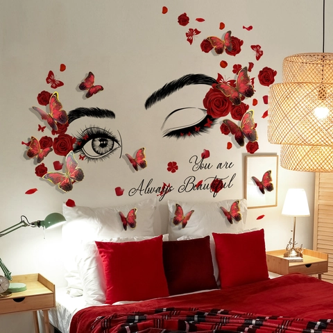 Wall Stickers PVC Red Rose Beauty Eyes 3D Butterfly You Are Always Beautiful DIY Decals Home Bedroom Decor Removable