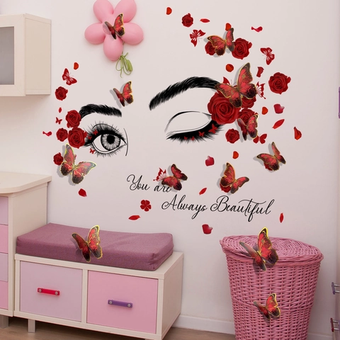 Wall Stickers PVC Red Rose Beauty Eyes 3D Butterfly You Are Always Beautiful DIY Decals Home Bedroom Decor Removable