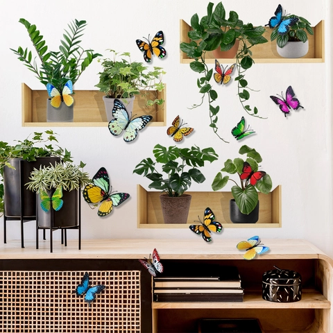 3D Butterfly Wall Stickers And Green Potted Plant Decals PVC Removable Decorative Mural For Home Living Room Bedroom