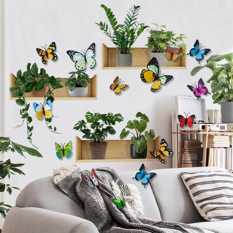 3D Butterfly Wall Stickers And Green Potted Plant Decals PVC Removable Decorative Mural For Home Living Room Bedroom