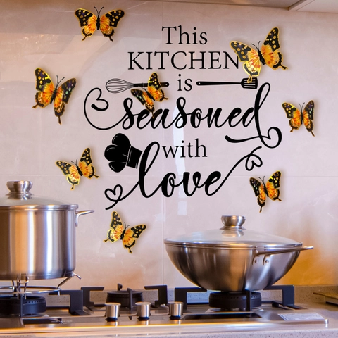 Kitchen Wall Stickers With 3D Butterfly Decorations This Kitchen Is Seasoned With Love Quote Quote PVC Decals Removable