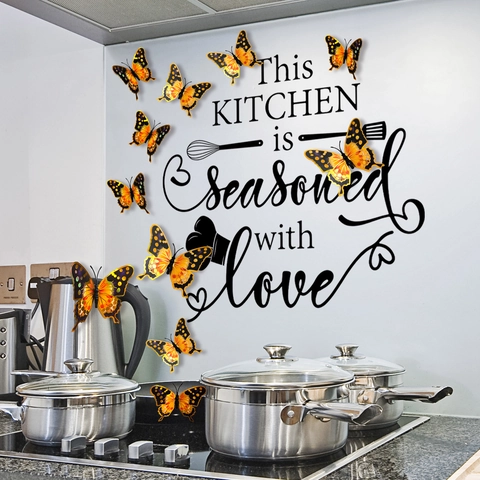 Kitchen Wall Stickers With 3D Butterfly Decorations This Kitchen Is Seasoned With Love Quote Quote PVC Decals Removable