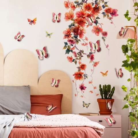 Butterfly Wall Stickers Floral Vine PVC Decals Gold Edge Removable Home Decor Bedroom Living Room 3D Effect