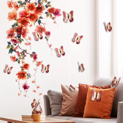 Butterfly Wall Stickers Floral Vine PVC Decals Gold Edge Removable Home Decor Bedroom Living Room 3D Effect