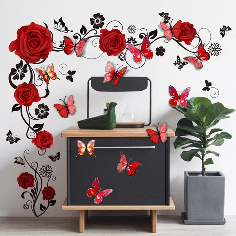 Adesivi Murali Farfalla 3D E Decalcomanie In PVC Con Vite Floreale Di Rosa Rossa Murale Artistico Rimovibile Per Decorazione Soggiorno Camera