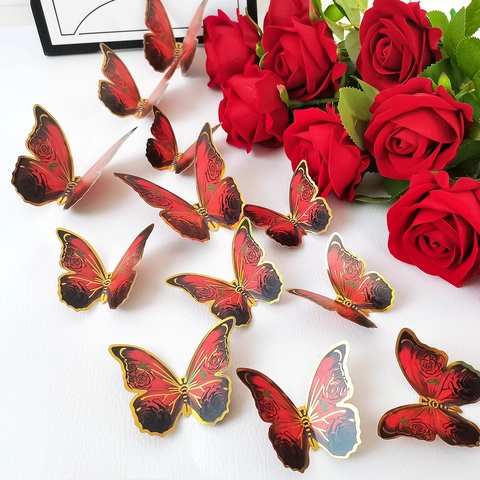 Realistic Butterfly Wall Stickers Red Rose Pattern Gilded Edge PVC Removable DIY Decorative Decals For Living Room Party