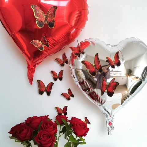 Realistic Butterfly Wall Stickers Red Rose Pattern Gilded Edge PVC Removable DIY Decorative Decals For Living Room Party