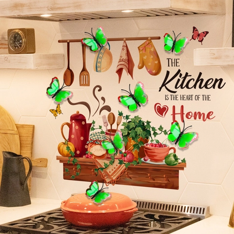3D Glow In The Dark Butterfly And Kitchen Quote Wall Decals Removable PVC Background Decorative Stickers For Modern Home