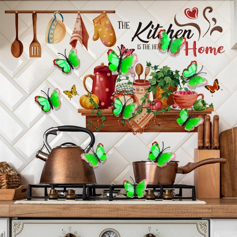 3D Glow In The Dark Butterfly And Kitchen Quote Wall Decals Removable PVC Background Decorative Stickers For Modern Home