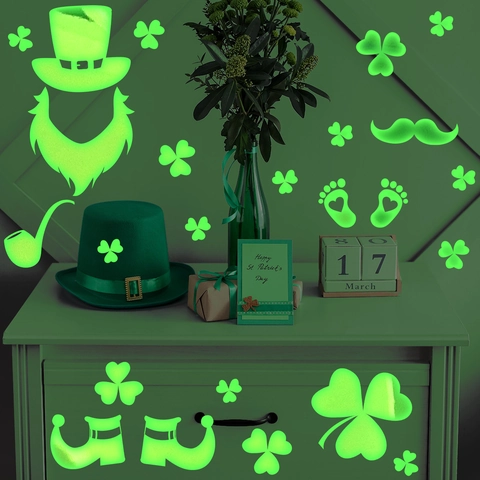 Adesivi Murali Fluorescenti Per Il Giorno Di San Patrizio Con Trifoglio E Cappello Da Leprechaun Decalcomanie In PVC Per Feste