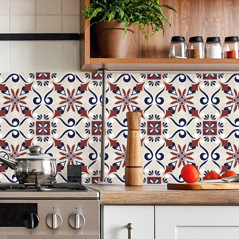 Pegatinas de Azulejos de PVC Vintage Impermeables Autoadhesivas Calcomanías de Pared Florales para Cocina Baño Hogar