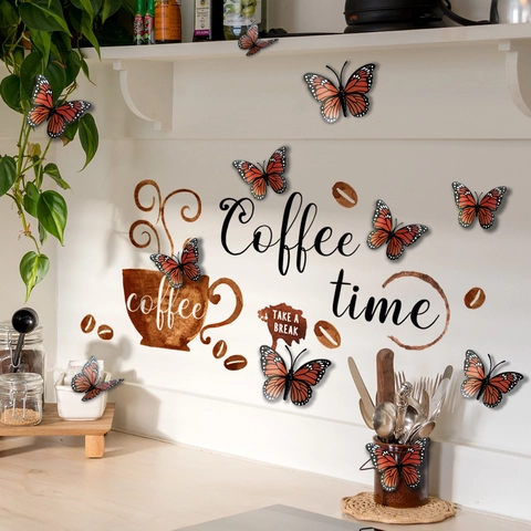 Coffee Cup And 3D Butterfly Wall Stickers PVC DIY Waterproof Art Decor For Kitchen Cafe Office Lounge