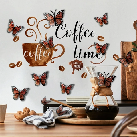 Coffee Cup And 3D Butterfly Wall Stickers PVC DIY Waterproof Art Decor For Kitchen Cafe Office Lounge
