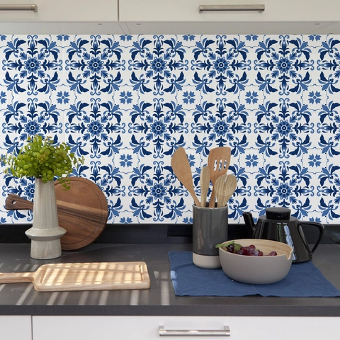 Pegatinas De Azulejos Retro Azul Blanco PVC Impermeable Resistente Al Aceite Autoadhesivo Textura Relieve Patrón Mediterráneo