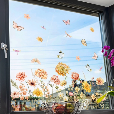 Watercolor Floral Butterfly Window Film Double Sided Static Cling PVC Sticker For Glass Home Decor Sunflower Daisy Sticker
