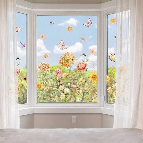 Watercolor Floral Butterfly Window Film Double Sided Static Cling PVC Sticker For Glass Home Decor Sunflower Daisy Sticker