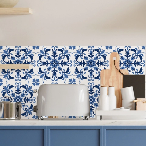 Pegatinas De Azulejos Retro Azul Blanco PVC Impermeable Resistente Al Aceite Autoadhesivo Textura Relieve Patrón Mediterráneo