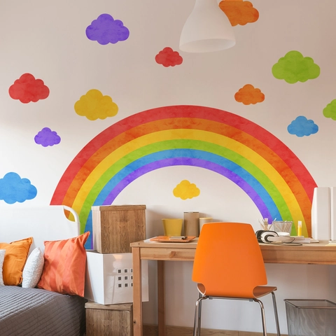 Rainbow And Clouds Wall Stickers Colorful PVC Watercolor Style For Kids Bedroom Nursery Decor Removable