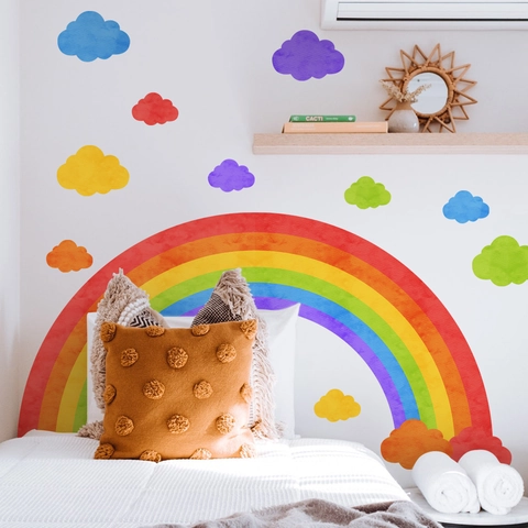 Rainbow And Clouds Wall Stickers Colorful PVC Watercolor Style For Kids Bedroom Nursery Decor Removable