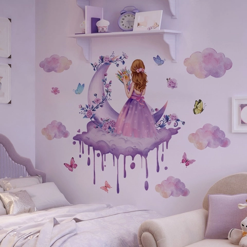 Moon Girl Wall Stickers PVC Waterproof Removable Self Adhesive For Kids Bedroom Nursery Decor Watercolor Flower Butterfly