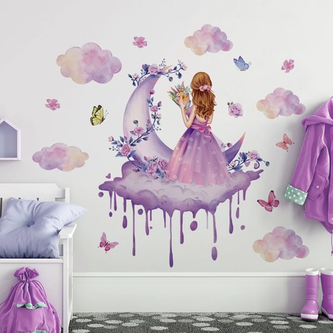 Moon Girl Wall Stickers PVC Waterproof Removable Self Adhesive For Kids Bedroom Nursery Decor Watercolor Flower Butterfly