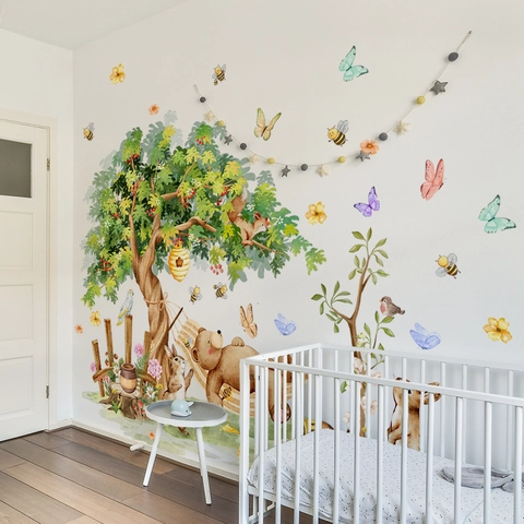 Watercolor Forest Animals Wall Decals Bear Rabbit Tree Removable PVC Stickers For Kids Room Nursery Home Decoration