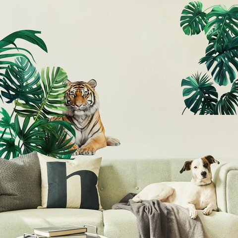 Realistisches Tiger Monstera Blatt Wandtattoo PVC Wasserdicht Abnehmbar Selbstklebend Tropische Pflanze Schmetterling Wandbild Deko Für Kinderzimmer Schlafzimmer