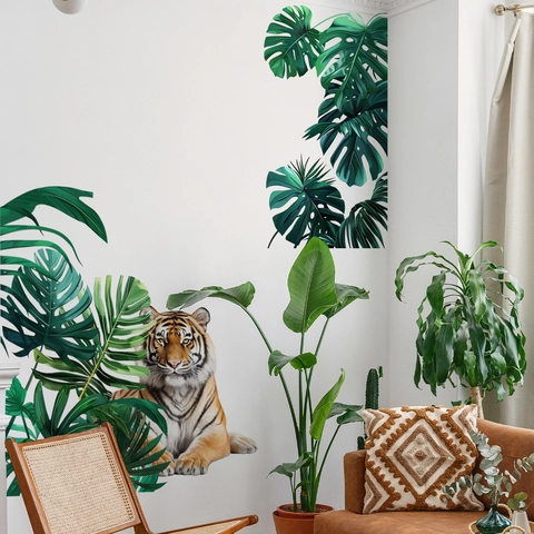 Realistisches Tiger Monstera Blatt Wandtattoo PVC Wasserdicht Abnehmbar Selbstklebend Tropische Pflanze Schmetterling Wandbild Deko Für Kinderzimmer Schlafzimmer