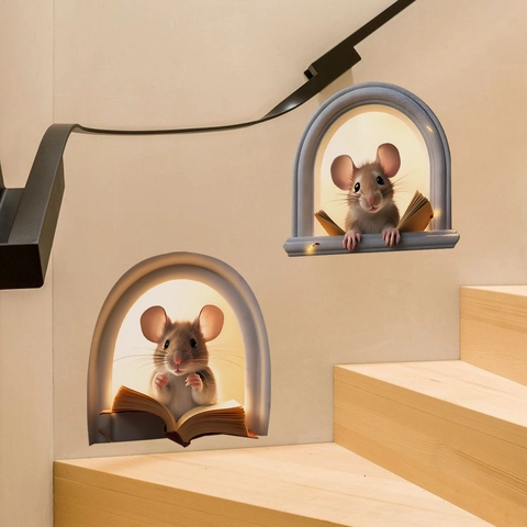 3D Mouse Hole Wall Sticker Stereoscopic Cartoon Mouse Reading Book Pattern Self Adhesive Vinyl Decal For Home Decoration