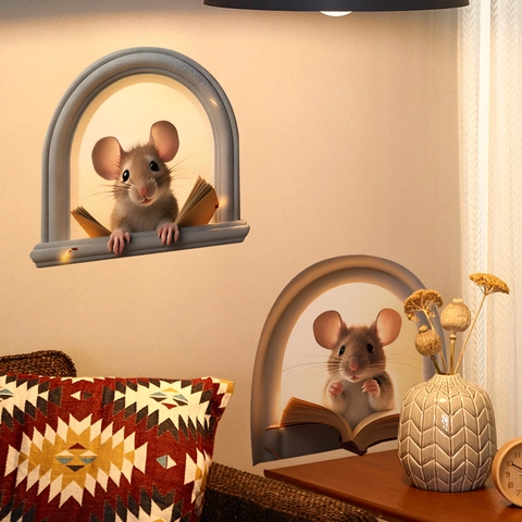 3D Mouse Hole Wall Sticker Stereoscopic Cartoon Mouse Reading Book Pattern Self Adhesive Vinyl Decal For Home Decoration