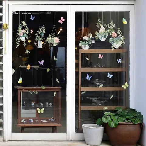 Nordisch Aquarell Topfpflanzen Schmetterling Fensteraufkleber Statische Haftung Beidseitig Wasserdicht PVC Dekor Für Küche Zuhause
