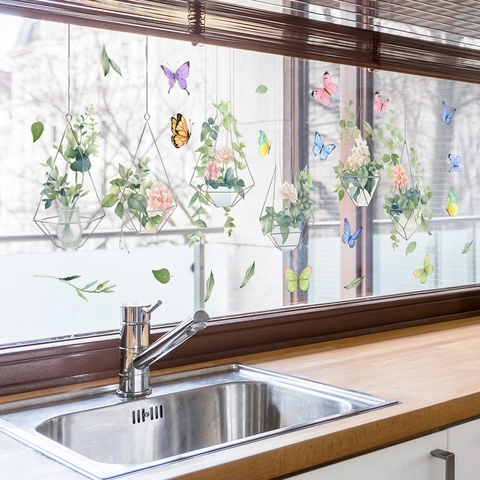 Nordisch Aquarell Topfpflanzen Schmetterling Fensteraufkleber Statische Haftung Beidseitig Wasserdicht PVC Dekor Für Küche Zuhause