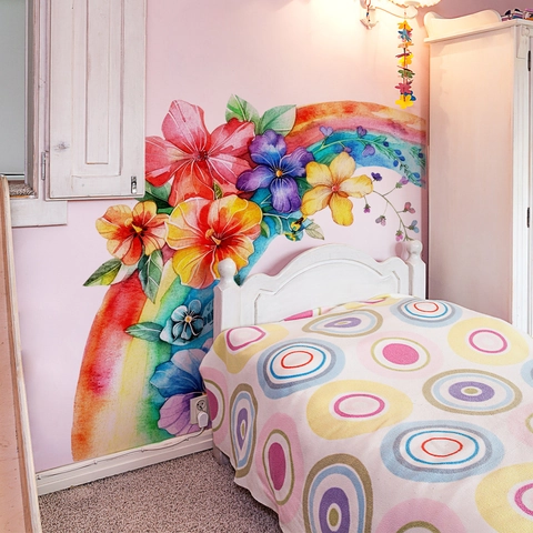 Aquarell Regenbogen Blumen Wandtattoo PVC Abnehmbar Selbstklebend Kinderzimmer Schlafzimmer Deko