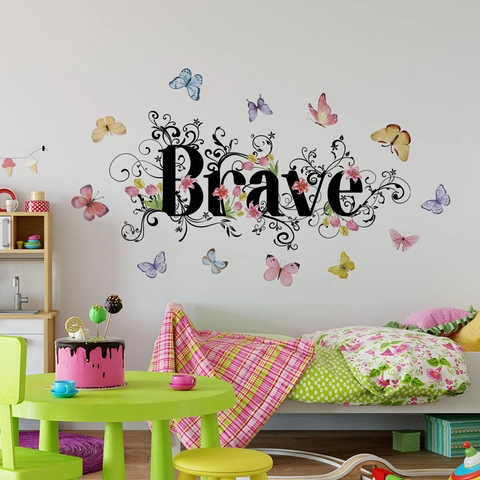 Brave Zitat Schmetterling Blume Rebe Wandaufkleber PVC Selbstklebend Abnehmbar Home Decor Decals Für Kinderzimmer