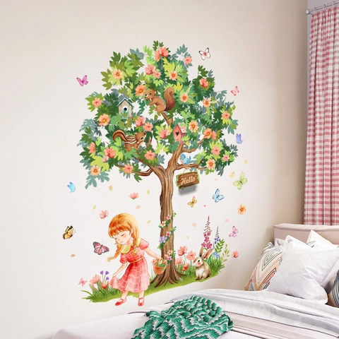 Cartoon Wald Baum Mädchen Tier Wandaufkleber PVC Abnehmbare Selbstklebende Dekoration Für Kinderzimmer