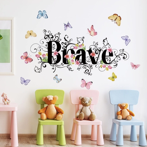 Brave Zitat Schmetterling Blume Rebe Wandaufkleber PVC Selbstklebend Abnehmbar Home Decor Decals Für Kinderzimmer