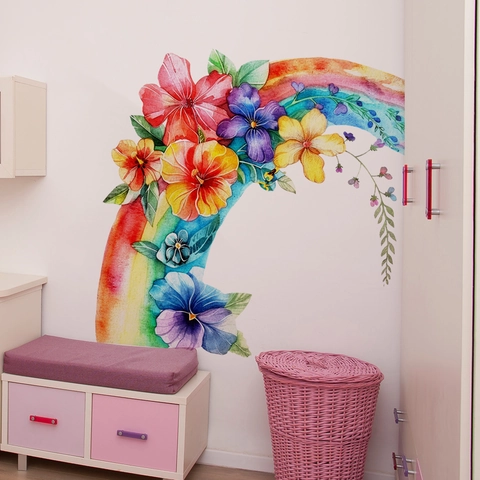 Aquarell Regenbogen Blumen Wandtattoo PVC Abnehmbar Selbstklebend Kinderzimmer Schlafzimmer Deko