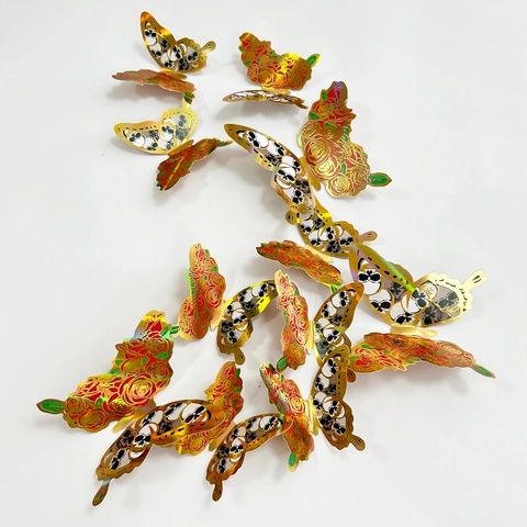Stickers Muraux Papillon Creux 3D Laser Holographique Or Crâne Rose Décor Halloween Gothique Fête Décorations Pour La Maison